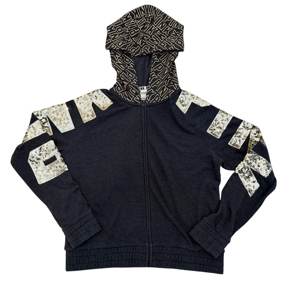 Victoria's Secret PINK Tops - Victoria's Secret PINK Black Gold Sequin Sleeve Full‎ Zip Hoodie Sweatshirt Sz M